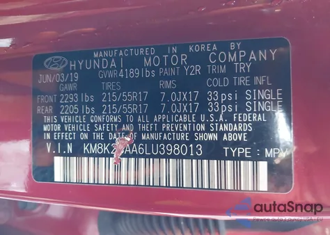 2020 Hyundai Kona Sel из США, поврежденный, VIN KM8K2CAA6LU398013